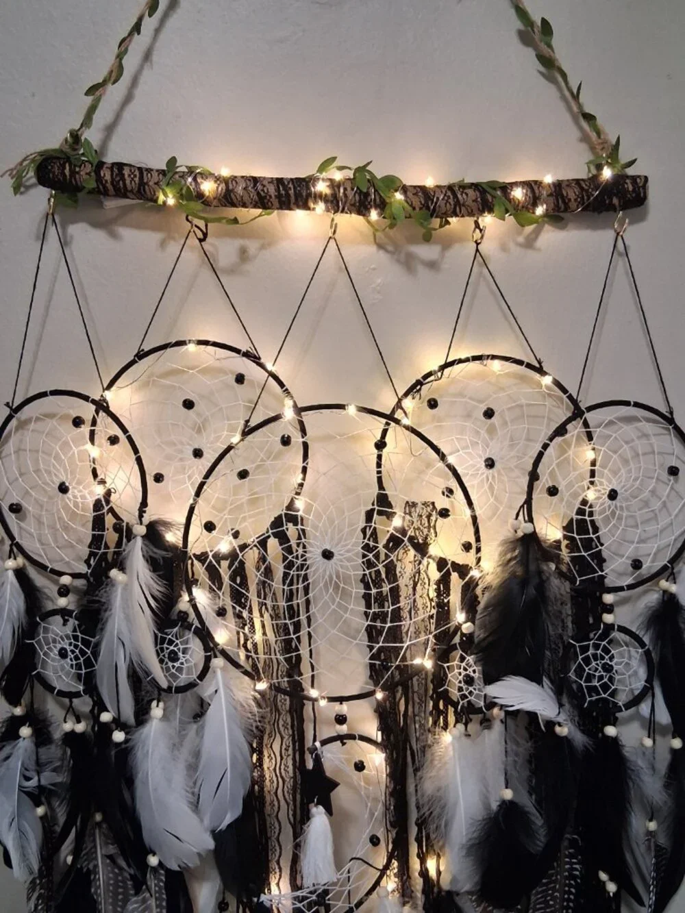 🖤✨ Raven’s Whispering Veil – 5 Ring Dreamcatcher with LED Lights ✨🖤